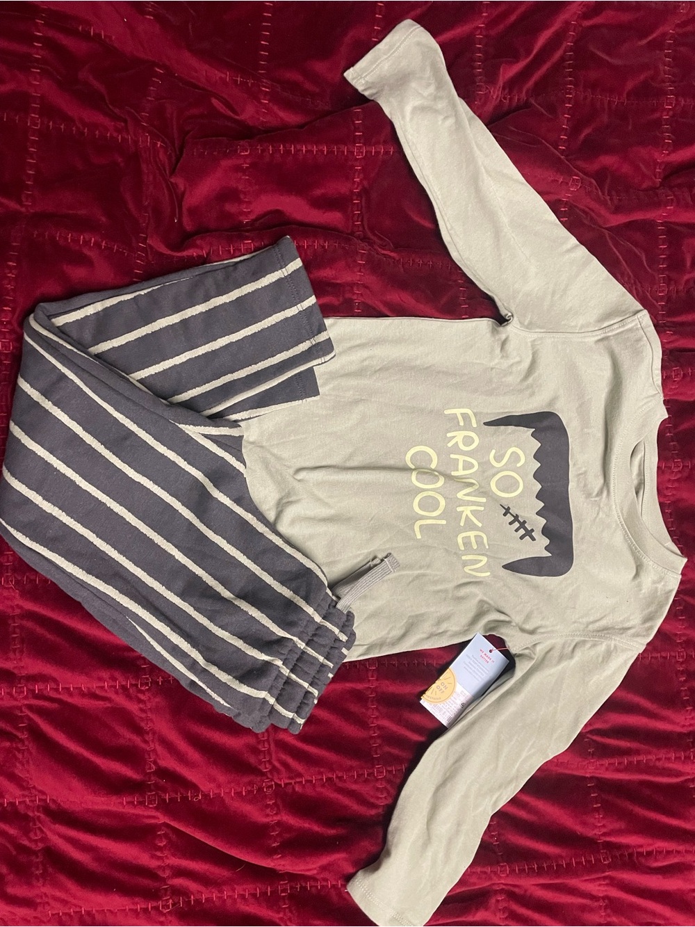Cat & Jack Green 'So Franken Cool' Pajama Set with Gray Striped Pants